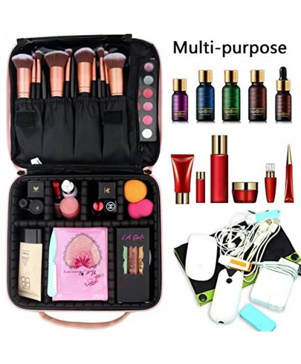 Relavel Makeup Case Travel Makeup Bag for Women Makeup Train Case Cosmetic Bag Toiletry Makeup Brushes Organizer Portable Travel Bag Artist Storage Bag with Adjustable Dividers (Pink)