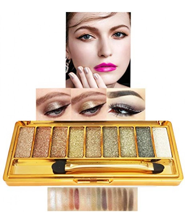 Glitter Eyeshadow Palette,9 Colors Sparkle Shimmer Eye Shadow Highly Pigmented Long Lasting Makeup Set Gold (Type 3)